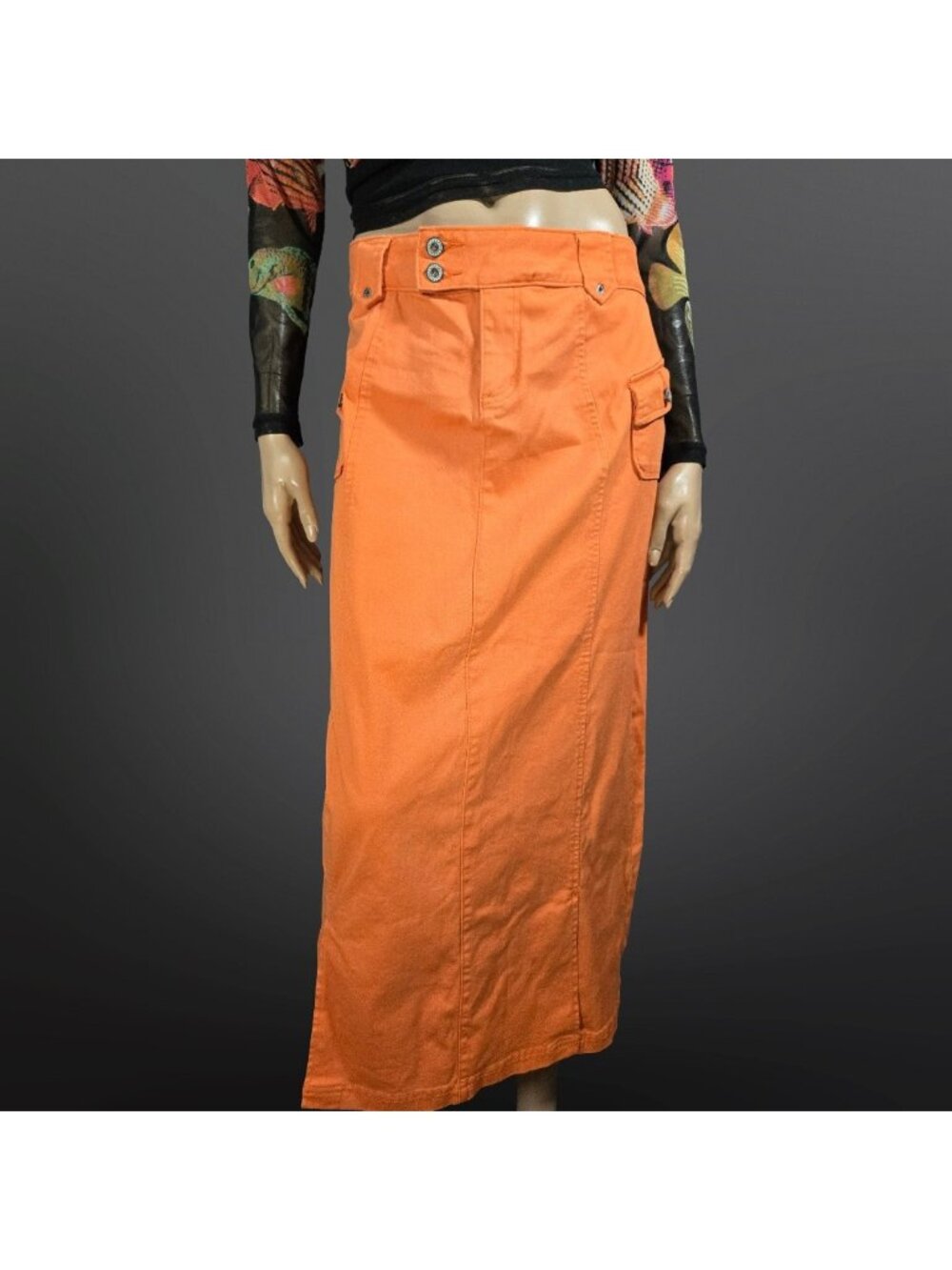Vintage 90s Y2K Orange Maxi Cargo Utility Skirt Size M Festival Rave Grunge